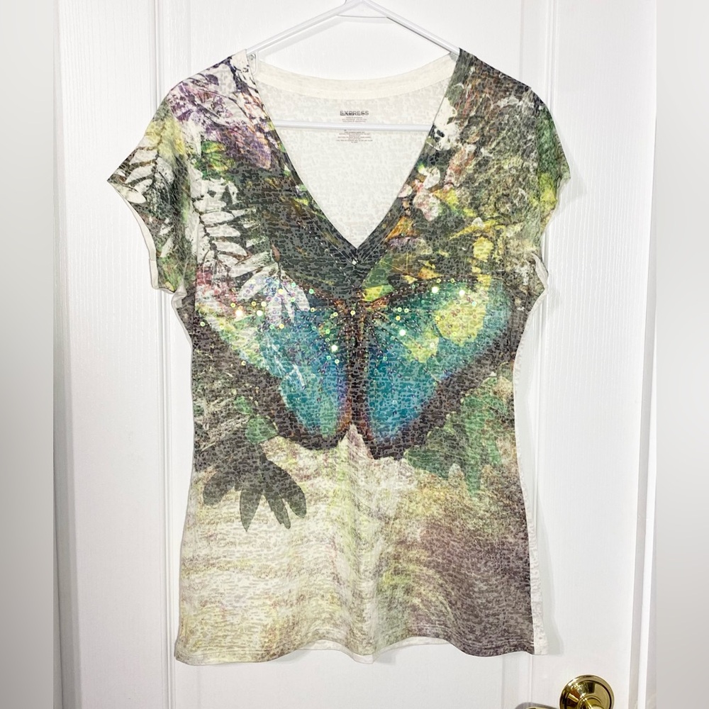 Y2K Express Sequin Butterfly Graphic Burnout Knit Tee White Large